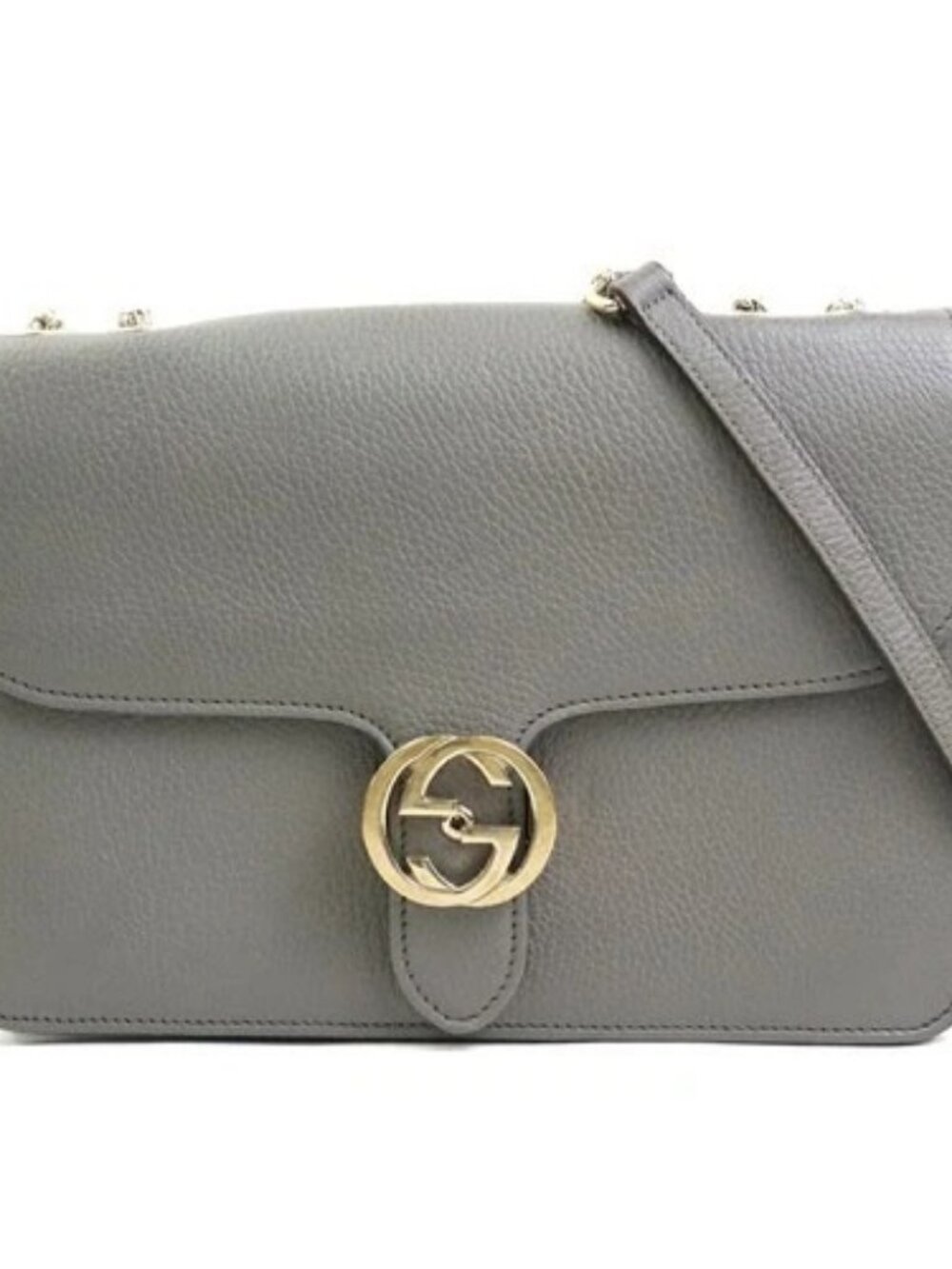 Auth GUCCI Interlocking G Chain Shoulder Bag Gray/Gold Leather/Meral - e60572a